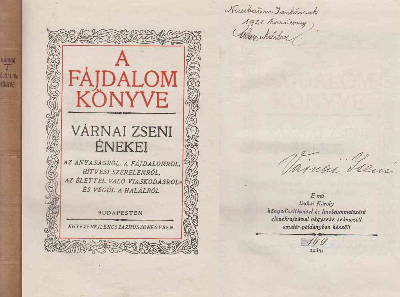 Várnai Zseni - A fájdalom könyve (aláírt, számozott)