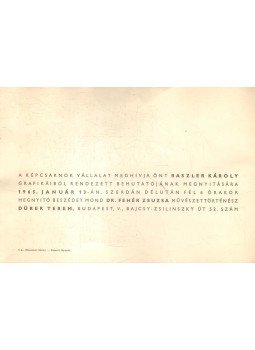  - Raszler Károly grafikáiból rendezett bemutató (meghívó),  1965 antikvár könyv