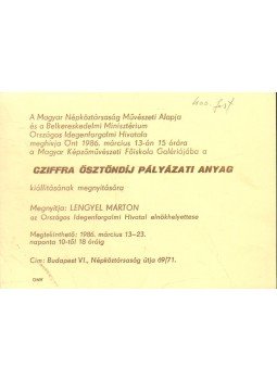  - Cziffra ösztöndíj pályázati anyag kiállításának megnyitása (meghívó),  1986 antikvár könyv