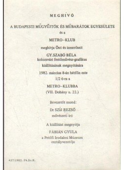  - Meghívó Gy. Szabó Béla kolozsvári festőművész-grafikus kiállításának megnyitására,  1982 antikvár könyv
