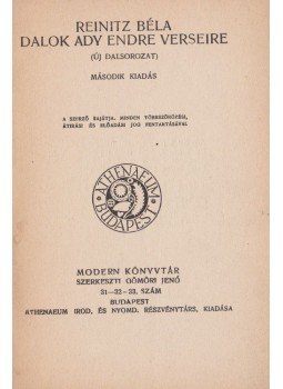 Reinitz Béla - Dalok Ady Endre verseire, Budapest 0 antikvár könyv