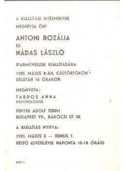  - Meghívó Antoni Rozália és Nádas László iparművészek kiállítására,  1980 antikvár könyv