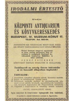  - A Központi Antiquarium és Könyvkereskedés Irodalmi Értesítője, Budapest 0 antikvár könyv