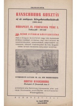  - Ranschburg Gusztáv új és antiquar könyvkereskedésének 155. számú antiquar könyvjegyzéke, Budapest 1941 antikvár könyv