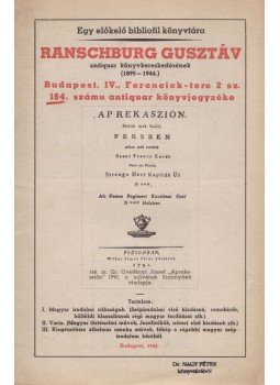  - Ranschburg Gusztáv antiquar könyvkereskedésének 164. számu antiquar könyvjegyzéke, Budapest 1944 antikvár könyv
