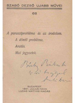 Szabó Dezső - A paraszt-probléma és az irodalom (dedikált), Budapest 1941 antikvár könyv