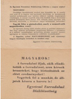  - Az Egyetemi Forradalmi Diákbizottság 2db. röplapja, Budapest 1956 antikvár könyv