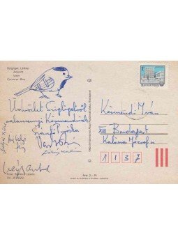 Szántó Piroska - Szántó Piroska (1913–1989) grafikusművész saját kézzel írt, aláírt, saját kezű madárgrafikáját tartalmazó képeslapja Körmendi Iván könyvgyűjtőnek, a levelezőlap alján Vas István (1910–1991) költő, valamint Dékány Kálmán, Végh Antal, Mátyás István aláírásával, Szigliget 1980 antikvár könyv