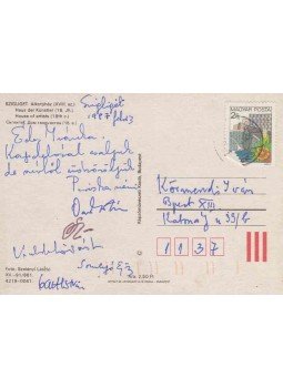 Szántó Piroska - Szántó Piroska (1913–1989) grafikusművész saját kézzel írt, aláírt képeslapja Körmendi Iván könyvgyűjtőnek, a levelezőlap alján Vas István (1910–1991), Somlyó György költők, Kabdebó Lóránt irodalomtörténész és mások aláírásával, Szigliget 1987 antikvár könyv