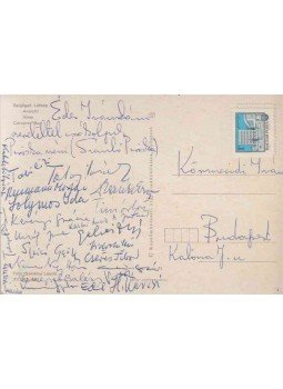 Szántó Piroska, Nemes Nagy Ágnes, Spiró György, Cseres Tibor - Szántó Piroska (1913–1989) grafikusművész saját kézzel írt, aláírt képeslapja Körmendi Iván könyvgyűjtőnek a szigligeti Alkotóházból, Tatay Sándor, Nemes Nagy Ágnes, Lengyel Balázs, Cseres Tibor, Kerényi Grácia, Király Júlia, Solymos Ida, Spiró György, Tabi László, Kabdebó Lóránt és mások aláírásával, Szigliget 1981 antikvár könyv