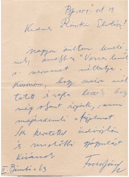Fodor József - Fodor József (1898–1973) költő, műfordító saját kézzel írt és aláírt levele Ránki (született Rottmann) Andor nyomdásznak, valamint a költő egy Ránki Andorhoz címzett versének folyóiratkivágása., Budapest 1959 antikvár könyv