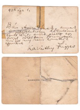 Karinthy Frigyes - Karinthy Frigyes saját kézzel írt, személyes hangú üzenete egy hölgyismerősének, az író saját névjegykártyájának hátoldalán., Budapest 1922 antikvár könyv