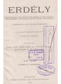 Veress Endre - Erdély. Turistasági, fürdőügyi és néprajzi folyóirat. II. évfolyam., Kolozsvár 1893 antikvár könyv