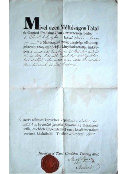  - Szőlő-adásvételi szerződés a neszmélyi borvidéken élő Hóbor János gazdálkodó és Bán János között  (1840), Tata 0 antikvár könyv