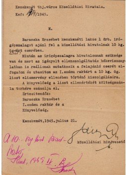  - Alkalmi cserekereskedelmi engedély, 1945 júliusából., Kecskemét 1945 antikvár könyv