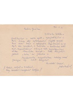 Fodor András - Fodor András (1929–1997) költő, műfordító saját kézzel írt, egy oldal terjedelmű válaszlevele Belia György (1923–1982) szerkesztőnek, néhány, a nyersfordítások minőségét illető megjegyzéssel.,  1961 antikvár könyv