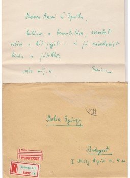 Illés Endre - Illés Endre (1902–1986) író, drámaíró, kiadóvezető saját kézzel írt, egy oldal terjedelmű invitáló levele Belia György (1923–1982) szerkesztő és neje számára., Budapest 1961 antikvár könyv