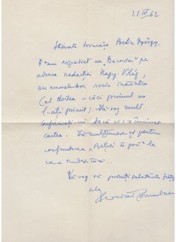 Porumbacu, Veronica - Veronica Porumbacu autográf, román nyelvű köszönőlevele Belia György szerkesztőnek (1962), Bukarest 1962 antikvár könyv