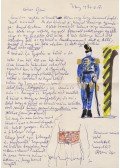 Borsos Miklós - Borsos Miklós (1906–1990) szobrász, grafikus saját kézzel írt, saját akvarell rajzaival díszített, egy oldal terjedelmű levele és saját kézzel írt, 7 sor terjedelmű bibliográfiai cédulája Belia György (1923–1982) szerkesztő, lektornak.