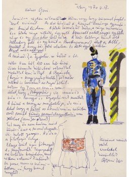 Borsos Miklós - Borsos Miklós (1906–1990) szobrász, grafikus saját kézzel írt, saját akvarell rajzaival díszített, egy oldal terjedelmű levele és saját kézzel írt, 7 sor terjedelmű bibliográfiai cédulája Belia György (1923–1982) szerkesztő, lektornak., Tihany 1970 antikvár könyv