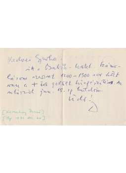 Keresztury Dezső - Keresztury Dezső (1904–1996) költő, műfordító, irodalomtörténész saját kézzel írt, egy oldal terjedelmű feljegyzése Belia György (1923–1982) Babits-kutatónak egy könyvtári kölcsönzőjegy hátoldalán., Budapest 1971 antikvár könyv