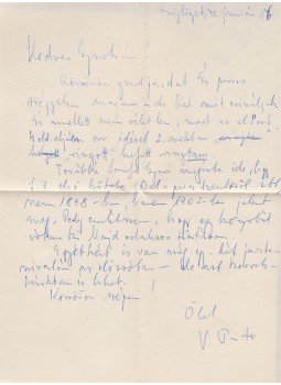 Vas István - Vas István költő, műfordító saját kézzel írt, egy oldal terjedelmű leve Belia György szerkesztőnek (1972), Szigliget 1972 antikvár könyv