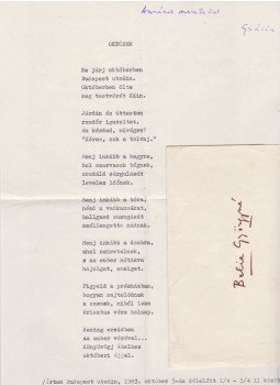 Kerényi Grácia - Kerényi Grácia (1925–1985) költő, műfordító „Október” című, publikálatlan költeményének egy gépelt oldal terjedelmű verskézirata, a szöveg felett a költő saját kezű írásával., Budapest 1983 antikvár könyv