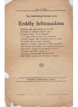  - Erdély feltámadása. Egy hadirokkant katona verse. [Első világháborús katonanóta. Aprónyomtatvány.], Budapest 1918 antikvár könyv