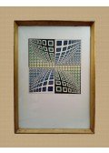 Vasarely, Victor - Victor Vasarely (Pécs, 1908 – Párizs, 1997) magyar festőművész, grafikus, az op-art legjelentősebb képviselőjének saját kézzel aláírt, számozott, színes, absztrakt szitanyomata.