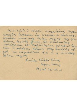 Egry József - Egry József (1883–1951) festő saját kézzel írt levelezőlapja Radocsay Dénes (1918–1974) művészettörténésznek, Budapest 1941 antikvár könyv
