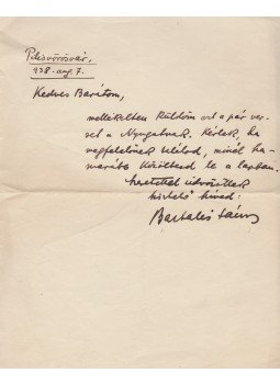 Bartalis János - Bartalis János (1893–1976) erdélyi költő saját kézzel írott levele Babits Mihálynak (1883–1941), a Nyugat szerkesztőjének, Pilisvörösvár 1938 antikvár könyv