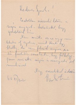 Vas István - Vas István (1910–1991) költő saját kézzel írt, egy oldal terjedelmű levele Belia György (1923–1982) szerkesztőnek egy afrikai líraválogatás (Ébredő Afrika, 1961) ügyében, Budapest 1960 antikvár könyv