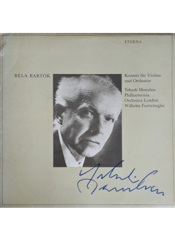  - Yehudi Menuhin (1916–1999) amerikai hegedűművész, karmester aláírása a részben általa előadott Bartók-koncert hangfelvételének lemezborítóján,  1981 antikvár könyv
