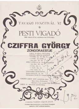  - Cziffra György (Budapest, 1921. – Longpont-sur-Orge, 1994. január 15.) világhírű zongoraművész zenei estének plakátja a művész saját kézzel írt dedikációjával,  1982 antikvár könyv