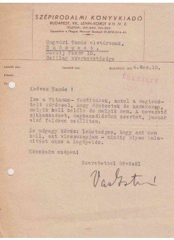 Vas István - Vas István gépelt, aláírt levele Ungvári Tamásnak, Budapest 1954 antikvár könyv