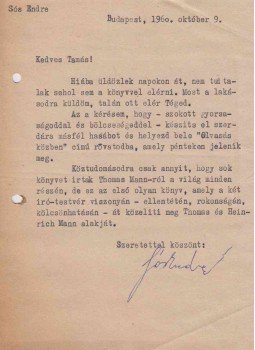Sós Endre - Sós Endre gépelt, aláírt levele Ungvári Tamáshoz, Budapest 1960 antikvár könyv