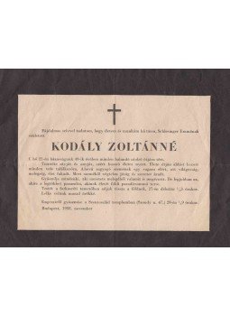  - Kodály Zoltánné gyászjelentése, Budapest 1958 antikvár könyv