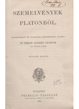 Platón, Dr. Simon József Sándor - Szemelvények Platonból, Budapest 1910 antikvár könyv