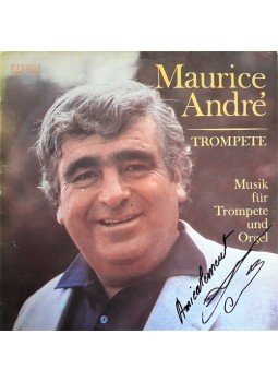 André, Maurice - Maurice André (1933–2012) francia trombitaművész aláírása az általa előadott „Musik für Trompete und Orgel” című lemezfelvétel borítóján, Gotha 1978 antikvár könyv