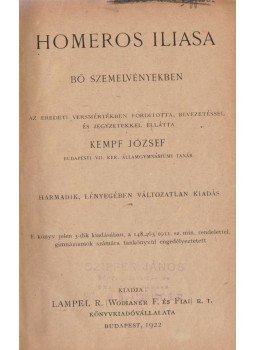 Homérosz - Homeros Iliasa, Budapest 1922 antikvár könyv