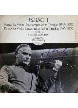  - Yehudi Menuhin (1916–1999)  aláírása az által előadott Bach-szólószonáták hangfelvételének lemezborítóján, Budapest 1980 antikvár könyv