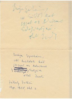 Jékely Zoltán - Jékely Zoltán (1913–1982) költő saját kezű meghívója Belia György szerkesztőnek, Budapest 1958 antikvár könyv