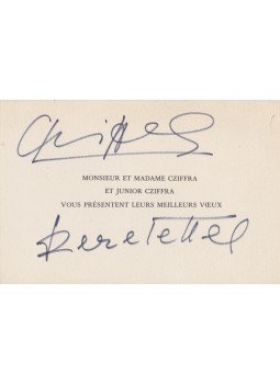 Cziffra György - Cziffra György zongoraművész autográf újévi üdvözlete nyomtatott üdvözlőkártyáján (1986), Senlis 1985 antikvár könyv
