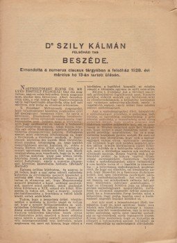  - Szily Kálmán felsőházi tag beszéde a numerus clausus tárgyában (1928), Budapest 1928 antikvár könyv
