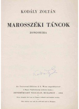 Kodály Zoltán - Marosszéki táncok zongorára (aláírt), Budapest 1955 antikvár könyv