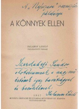 Salamon László - A könnyek ellen (dedikált), Kolozsvár 1947 antikvár könyv