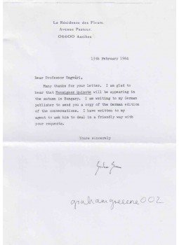  - Graham Greene levele Ungvári Tamásnak a Monsignor Quijote fordítása kapcsán,  1984 antikvár könyv