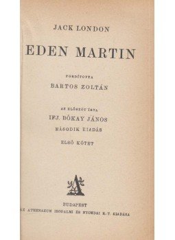 Jack London - Eden Martin I-II. (egy kötetben), Budapest 1927 antikvár könyv