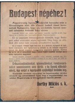 Horthy Miklós - Budapest népéhez! Magyarország legszégyenteljesebb korszaka után [Plakát] (1919), Budapest 1919 antikvár könyv