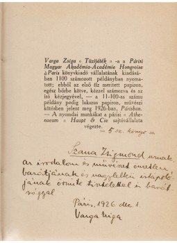 Varga Zsigmond - Tűzijáték – Versek (Dedikált) Varga Zsigmond - Tűzijáték – Versek (Dedikált), Paris 1926 antikvár könyv